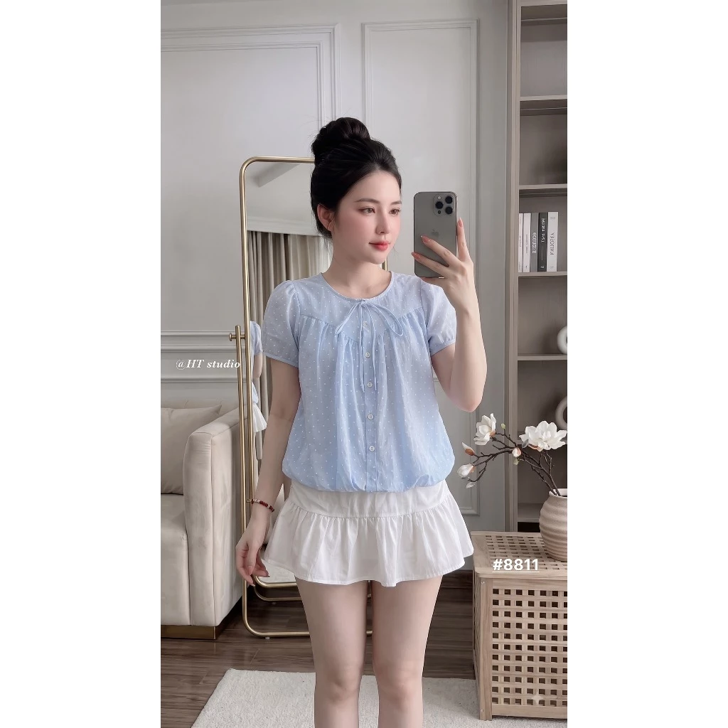 Áo Sơ Mi Đũi Nữ Tay Phồng Chấm Bi NhỏThanh Lịch Mặc Hè –  Chất Đũi Cao Cấp L26