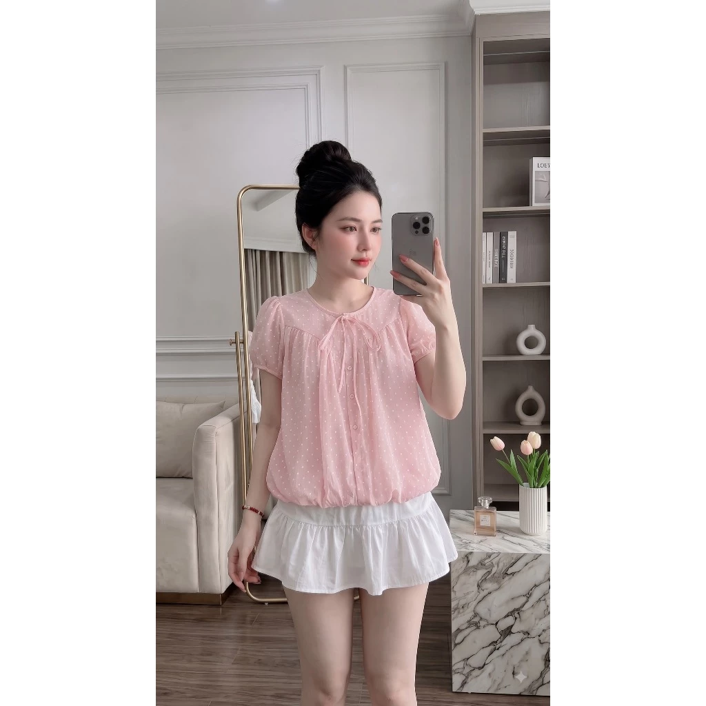Áo Sơ Mi Đũi Nữ Tay Phồng Chấm Bi NhỏThanh Lịch Mặc Hè –  Chất Đũi Cao Cấp L26