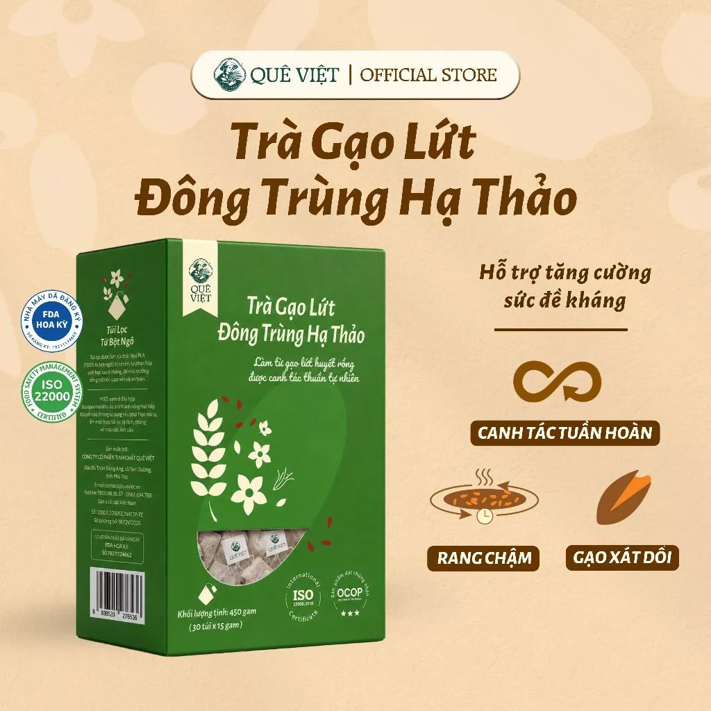 Trà gạo lứt Đông trùng hạ thảo Quê Việt - Hộp 150g (10 túi x 15g), 450g (30 túi x 15g), 600g (24 túi x 25g)