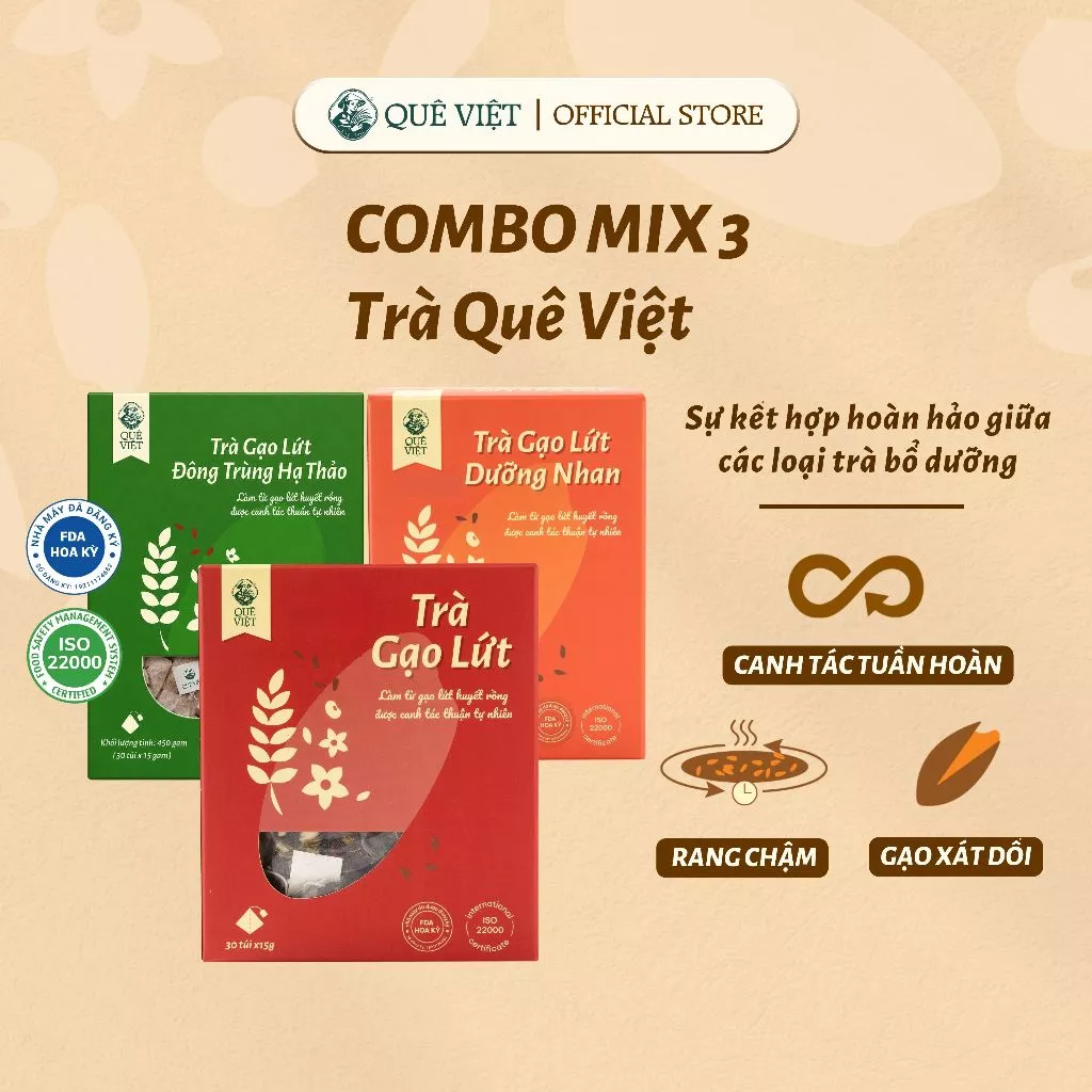 COMBO 3 HỘP MIX: Trà gạo lứt, Trà gạo lứt đông trùng 450g (30 túi), Trà gạo lứt dưỡng nhan 200g (20 túi)