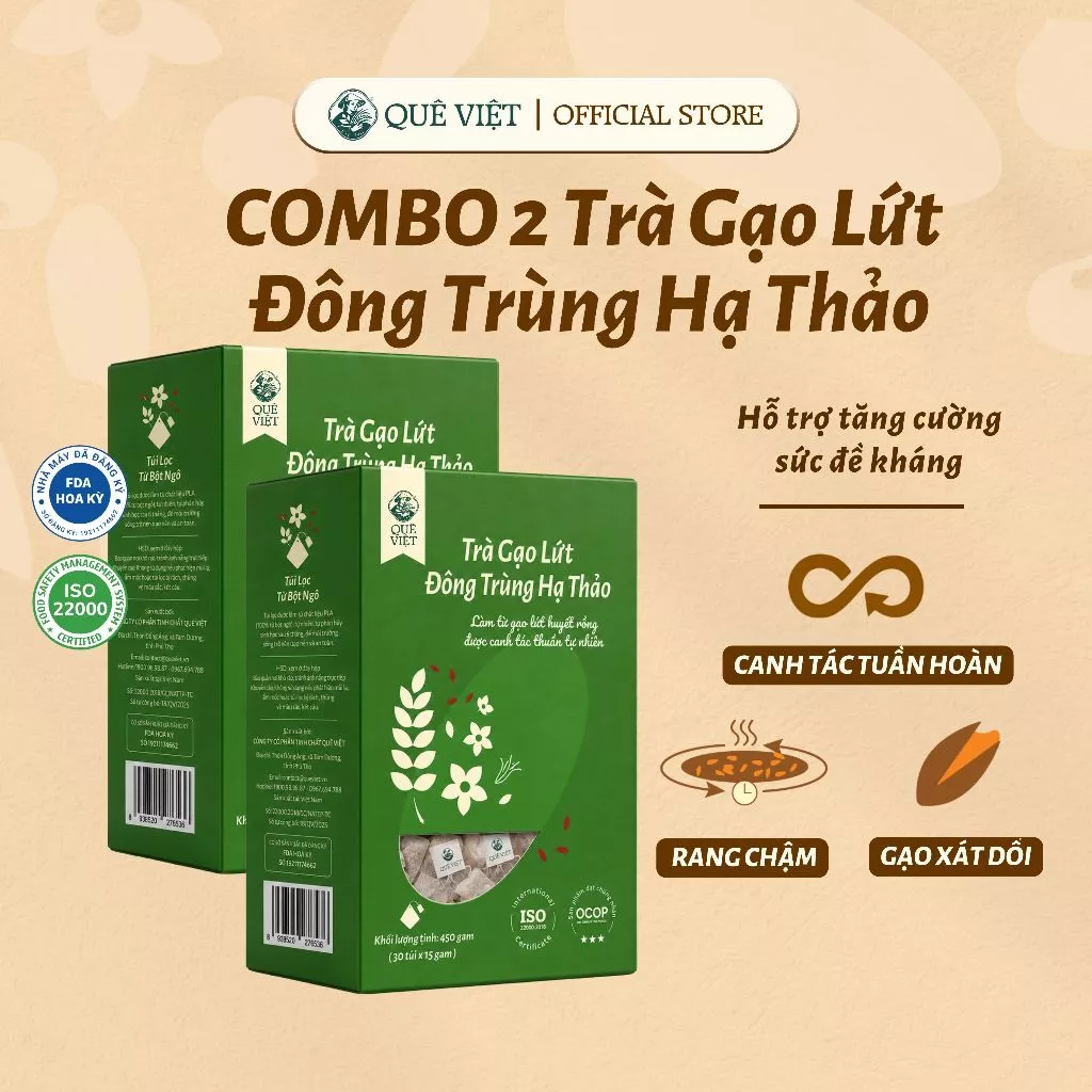 Combo 2 hộp Trà gạo lứt Đông trùng hạ thảo Quê Việt - Hộp 150g (10 túi x 15g), 450g (30 túi x 5g), 600g (24 túi x 25g)