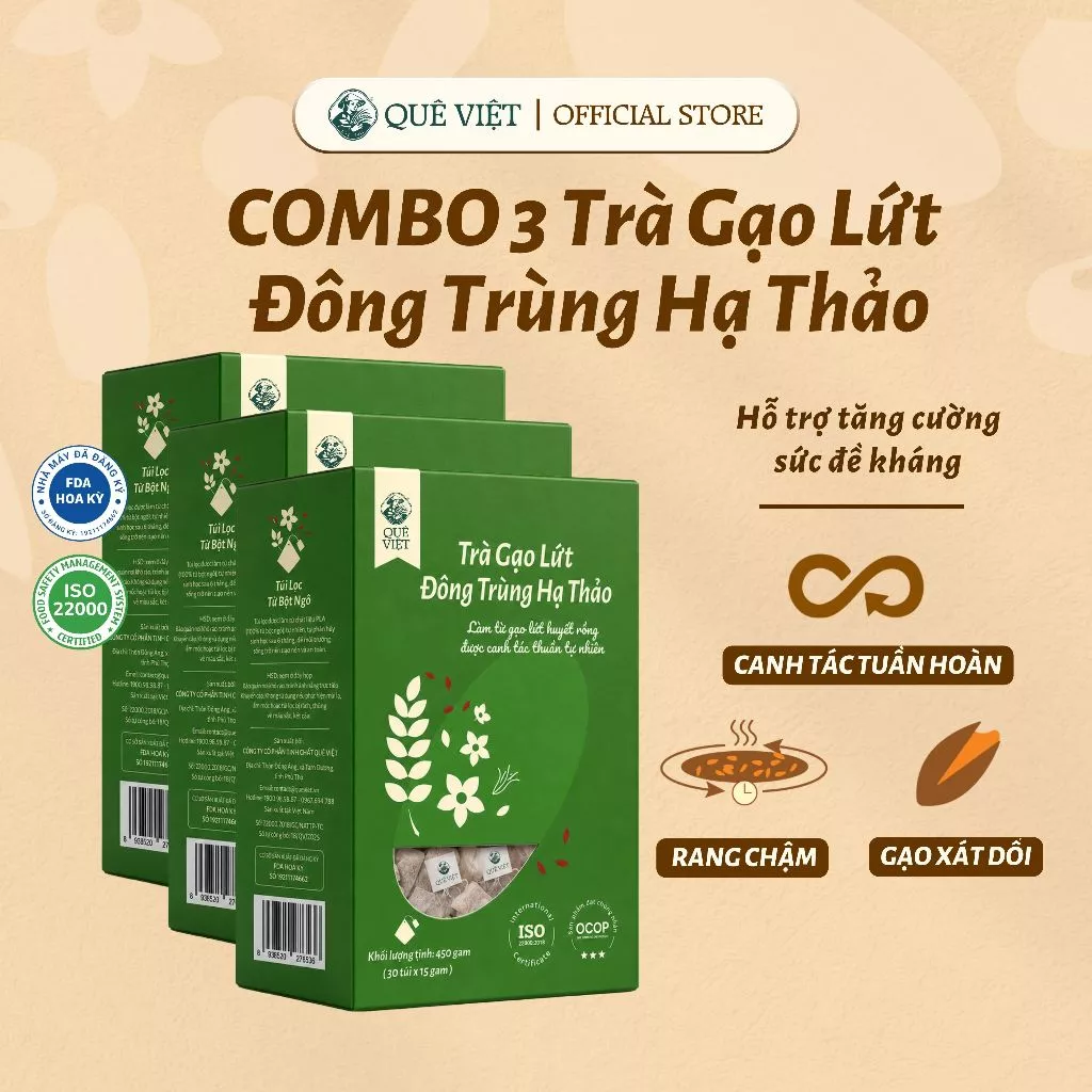 Combo 3 hộp Trà gạo lứt Đông trùng hạ thảo Quê Việt - Hộp 450g (30 túi x 15g)