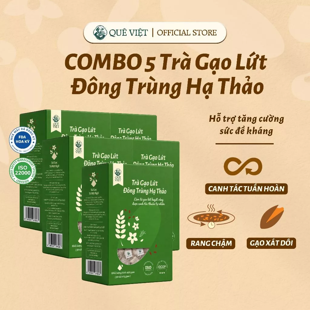Combo 5 hộp Trà gạo lứt Đông trùng hạ thảo Quê Việt - Hộp 450g (30 túi 15g)