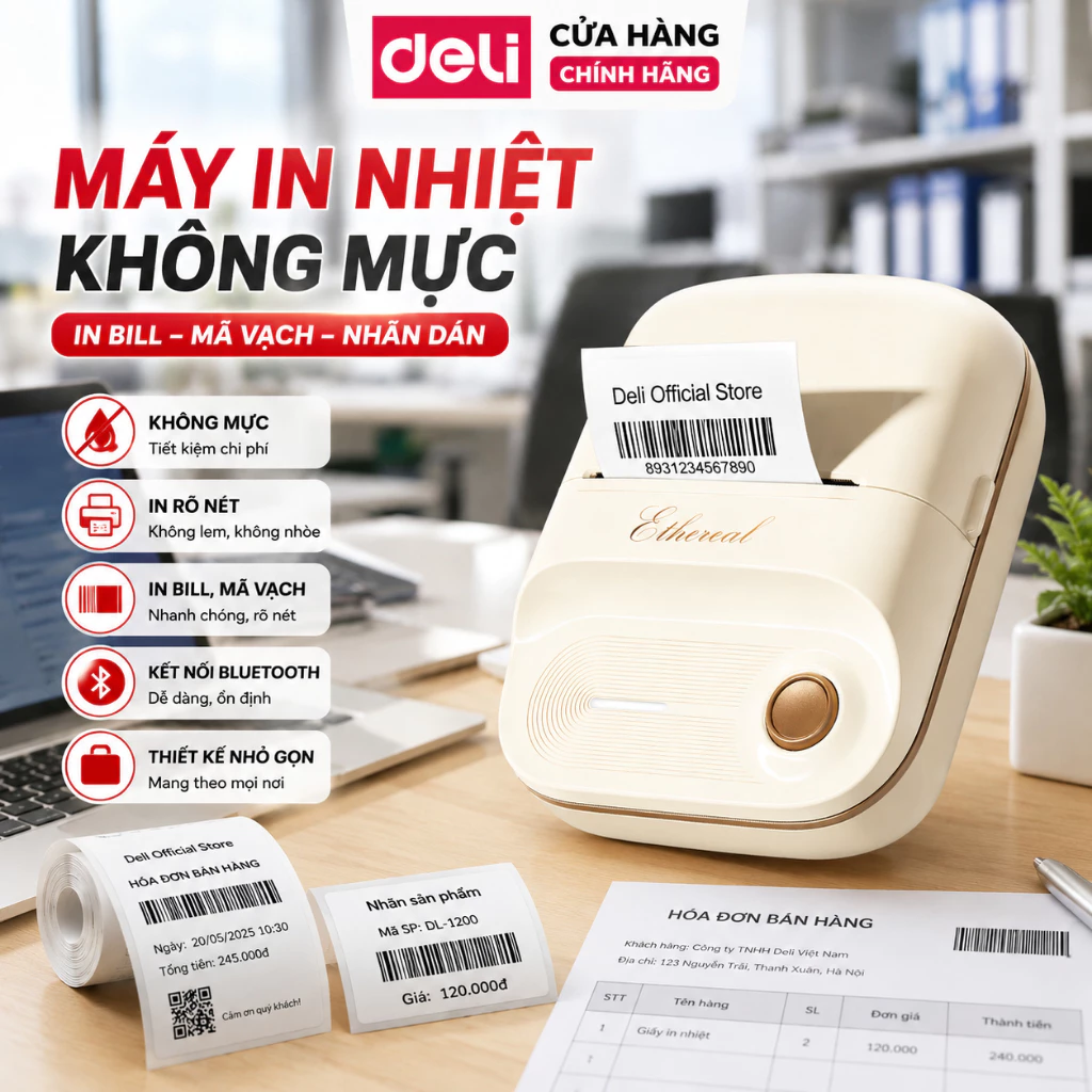 Máy In Nhãn Nhiệt DELI Kết Nối Bluetooth cho Android/ iOS Máy Dán Nhãn Không Cần Mực 20-50mm Thẻ in Nhãn Giá Hàng Hóa