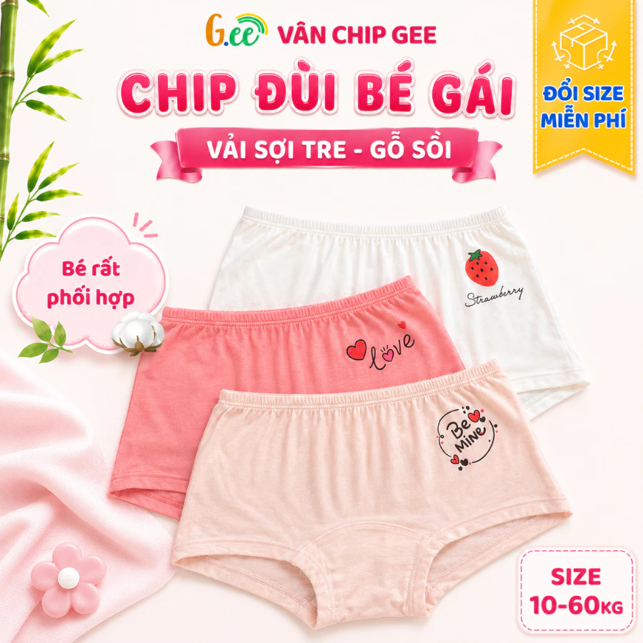 Set 3 quần chip đùi bé gái, chất sợi tre, gỗ sồi mềm mát mặc nhẹ đủ size cho bé từ 10 đến 60kg