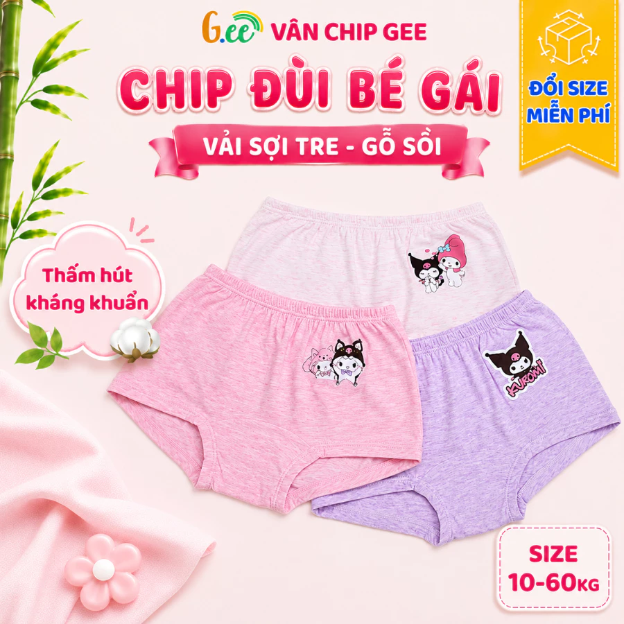 Chip đùi bé gái Gee, set 3 quần lót bé gái vải sợi tre mỏng mát thấm hút mồ hôi cho bé gái 10-60kg