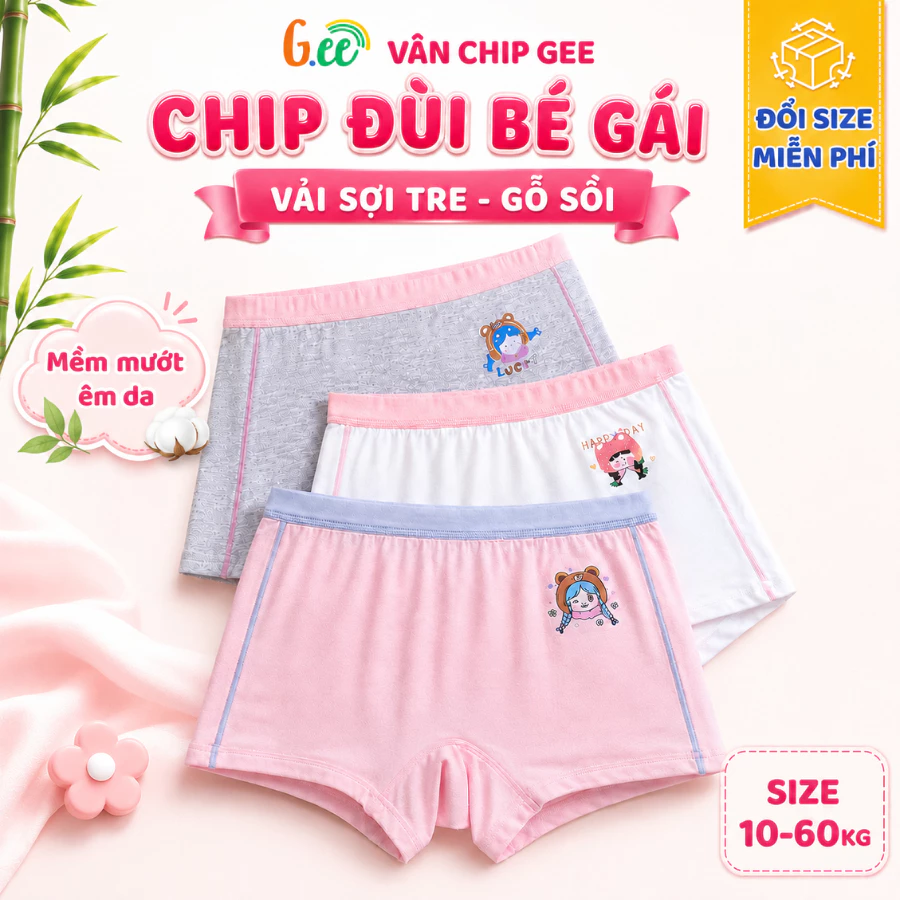 Set 3 chip đùi bé gái Gee vải sợi tre mềm mát mặc nhe như không cho bé tập mặc size 10-60kg