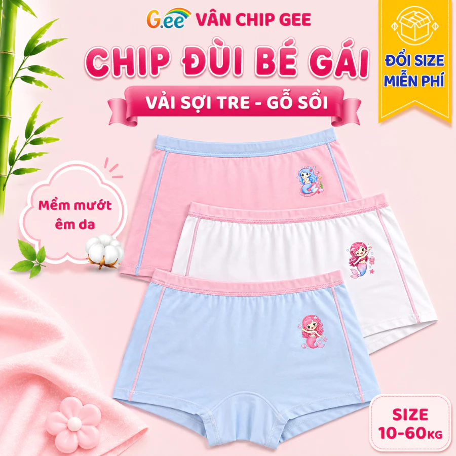 Set 3 quần Lót Bé Gái Gee, Quần Chip Đùi Bé Gái Vải Sợi Tre, Gỗ Sồi Mềm Mịn Co Giãn Thoải Mái.