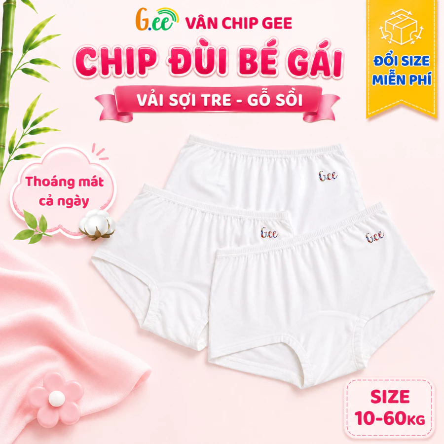 Set 3 quần chip bé gái màu trắng của Gee vải sợi tre mềm đẹp, thấm hút mồ hôi cho bé từ 10-60kg