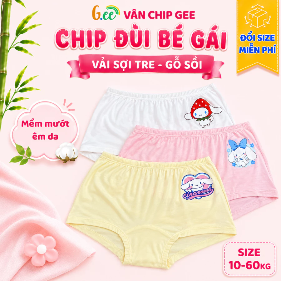 Set 3 quần chip đùi bé gái Gee vải sợi tre, gỗ sồi in hình dễ thương, mềm mát dễ chịu bé