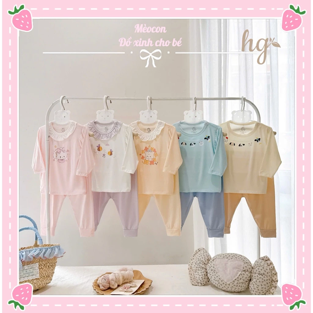 Bộ quần áo dài tay cài vai viền cổ bèo cho bé gái,bé trai 6-16kg vải Petit mềm mịn thoáng mát, bộ điều hoà