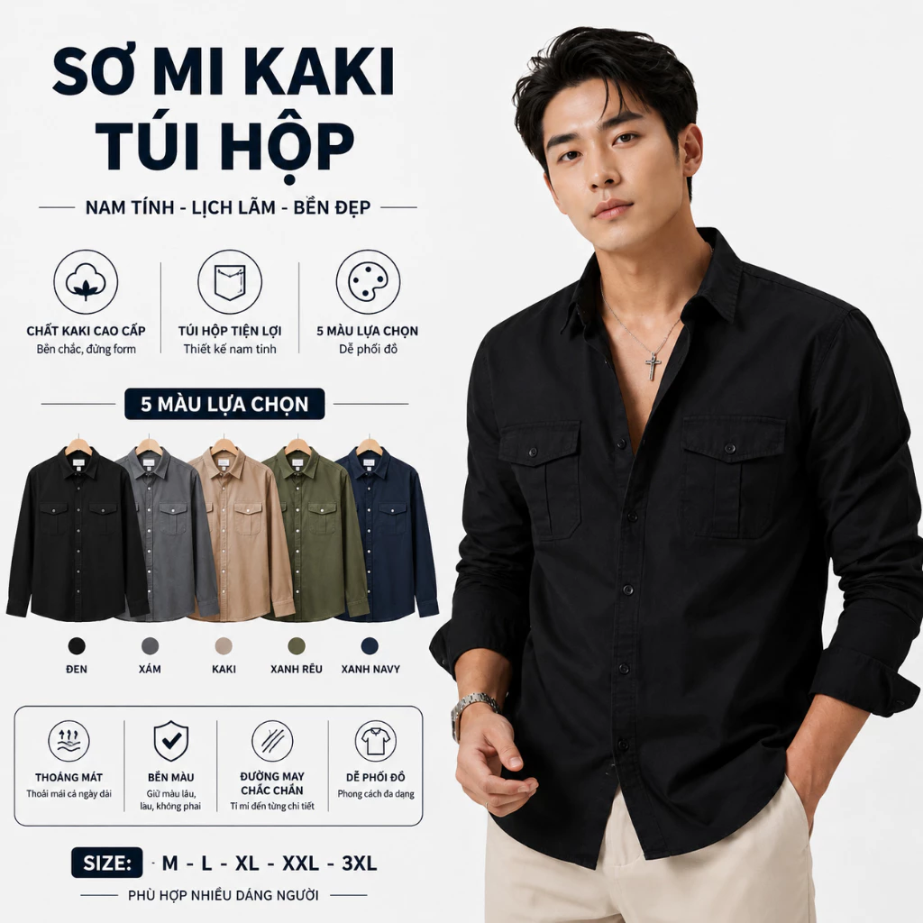 Áo Sơ Mi Nam Kaki 2 Túi GEN ALPHA GEN091 Vải Kaki Dày Dặn Co Giãn Form Slimfit Hàn Quốc Thoáng Mát