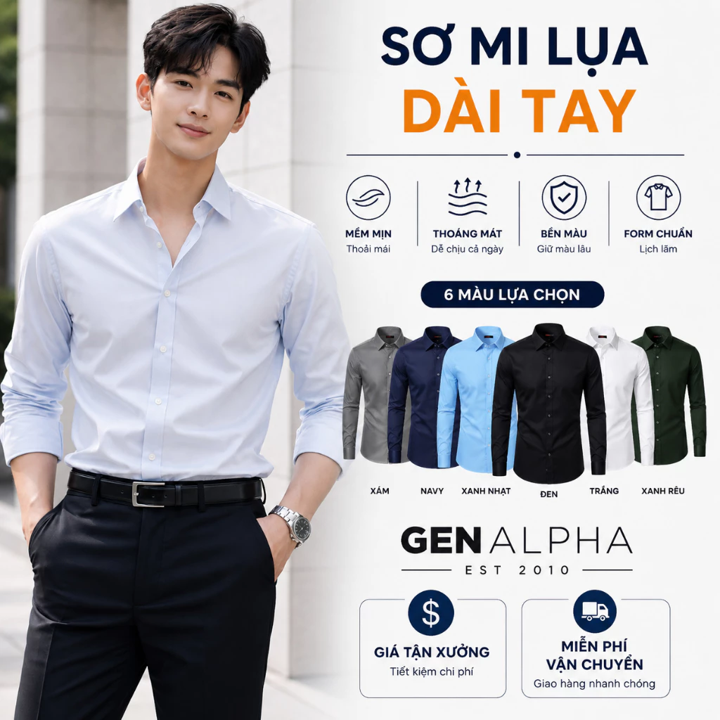 Áo Sơ Mi Nam Tay Dài Trơn GEN ALPHA Vải Kate Lụa Mịn Mát, Áo Sơ Mi Công Sở Nam Form Chuẩn Ít Nhăn