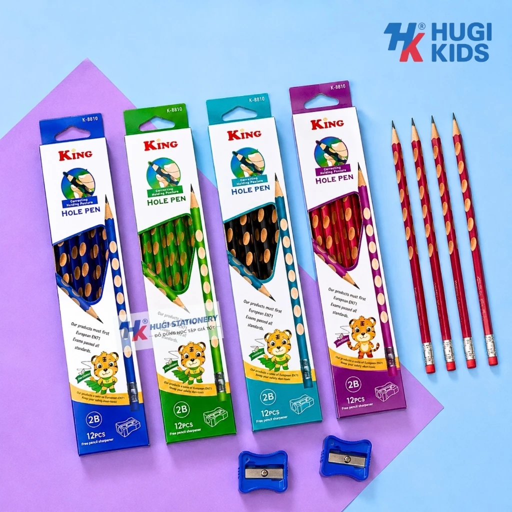 Hộp 12 Cây Bút Chì 2B Có Định Vị Tay Cầm – Giúp Trẻ Tập Viết Đúng Nét, Tặng Kèm Gọt Chì