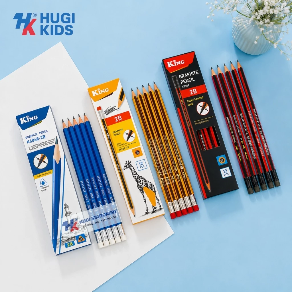 Hộp 12 Cây Bút Chì Gỗ King K6868 – Ngòi 2B, Viết Êm Tay, Nét Đậm Đều, Phù Hợp Cho Học Sinh