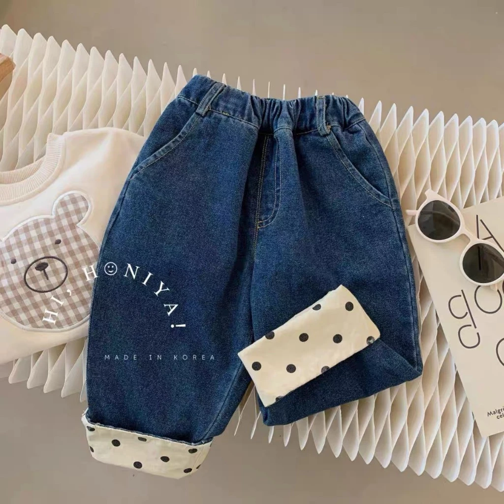 Quần jean bé gái xắn gấu phối vải chấm bi dễ thương, quần bò ống rộng chất jean mềm cho bé đi học đi chơi - T29