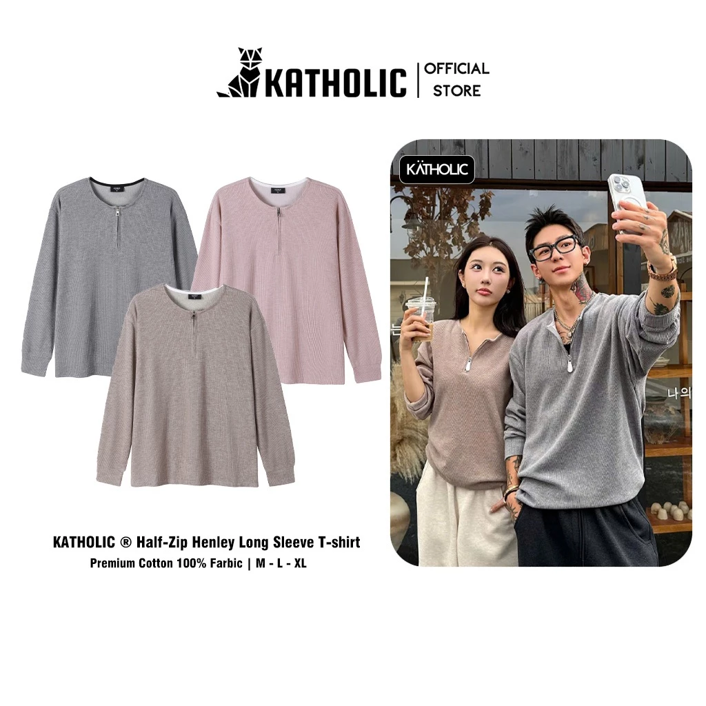 [ THU ĐÔNG 2026 ] Áo Thun Dài Tay Half-Zip Henley Nam Nữ KATHOLIC Chất Liệu Nỉ Tăm Co Giãn Form Rộng Oversize KAT044