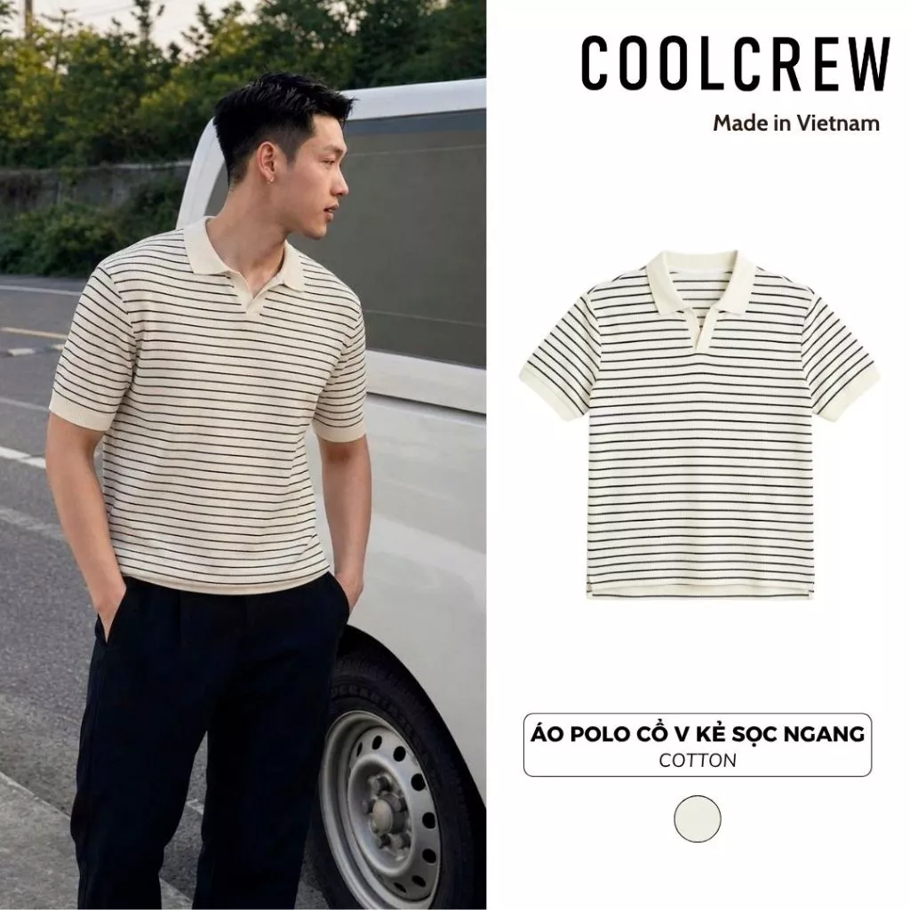 Áo Polo Cổ V Kẻ Sọc Ngang 𝐂𝐎𝐎𝐋𝐂𝐑𝐄𝐖 Hoạ Tiết Xương Cá Form Rộng Unisex Phong Cách Mùa Hè Năng Động Thoáng Mát APN178