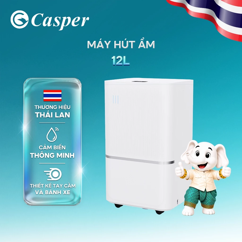 Máy hút ẩm Casper 12L DE-12L1E có cảm biến thông minh và bảng điều khiển đèn LED hiện đại