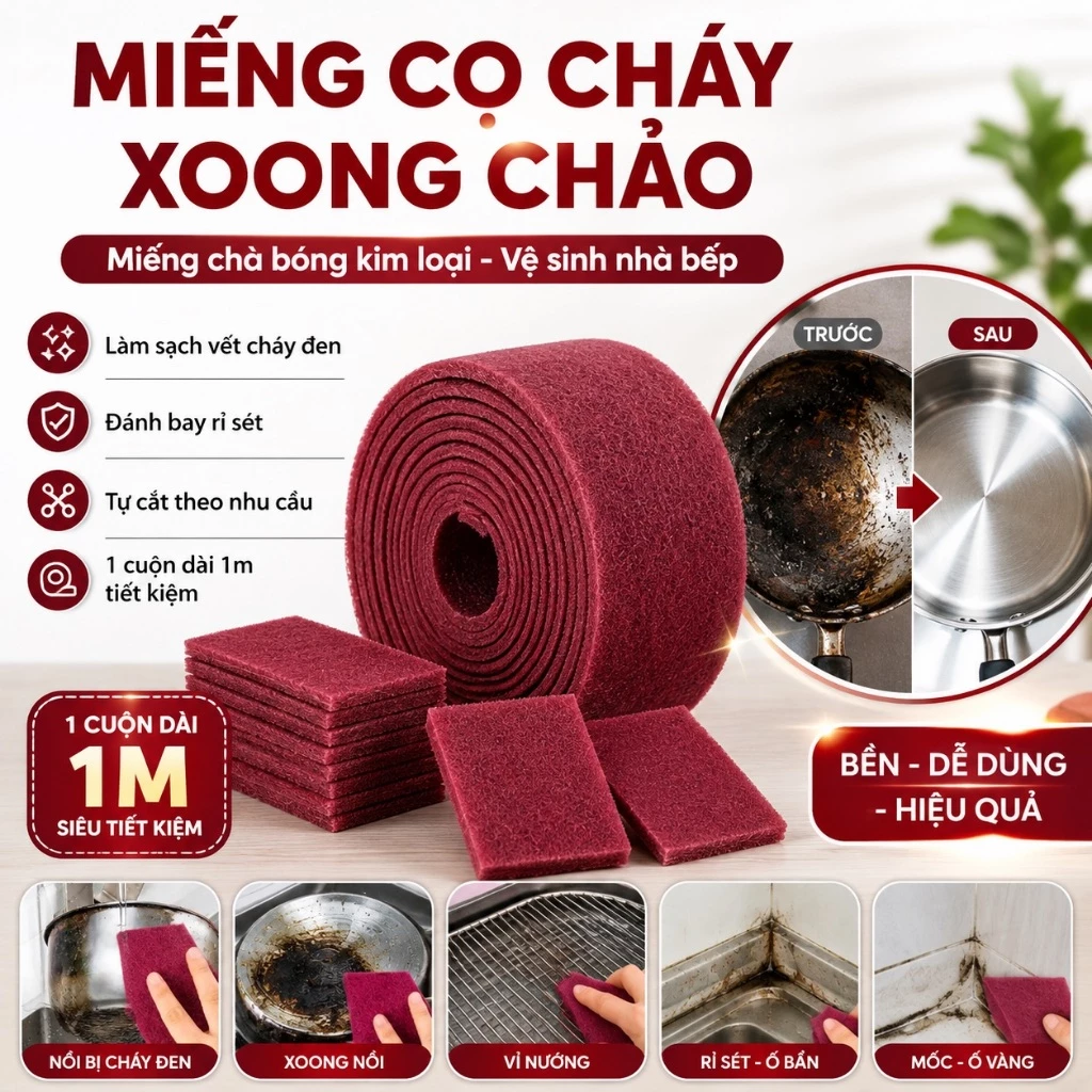 Miếng Cọ Rửa Cháy Nồi Xoong Chảo, Miếng Chà Bóng Kim Loại Đa Năng Loại 1 Cuộn Dài 1m Tiết Kiệm