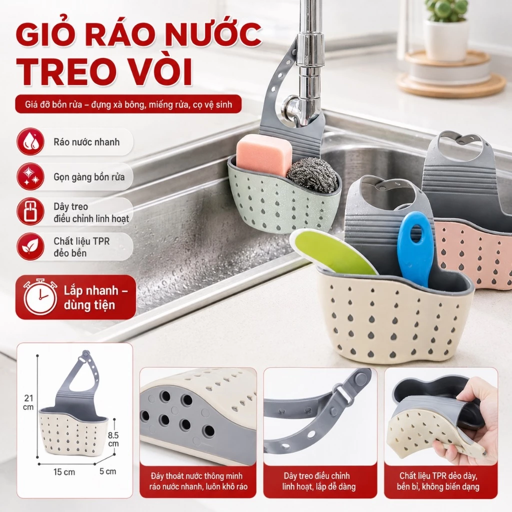 Giỏ Ráo Nước, Giỏ Treo Đồ Rửa Bát 2 Lớp ,Dụng Cụ Đựng Xà Bông, Miếng Rửa Túi Giỏ Ráo Nước Nhà Bếp