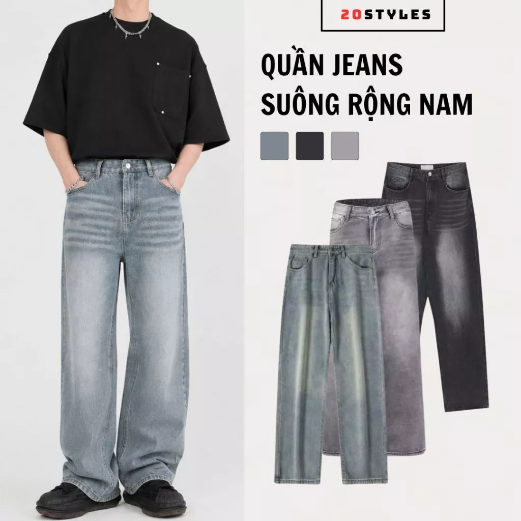 Quần jean suông rộng nam màu đen wash, xanh nhạt wash, xám wash phong cách đường phố, chất vải Dày Dặn có túi