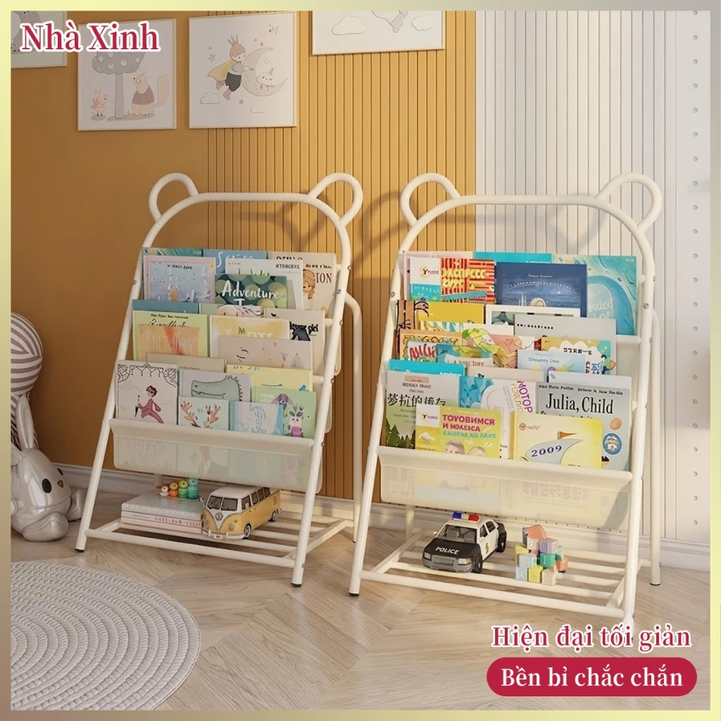【MUA 1 TẶNG 1】Kệ Đựng Sách Báo Cho Bé 4 Tầng Tai Gấu Khung Thép Sơn Tĩnh Điện Vải Bọc Tháo Giặt Giá Để Đồ Chơi Cao Cấp