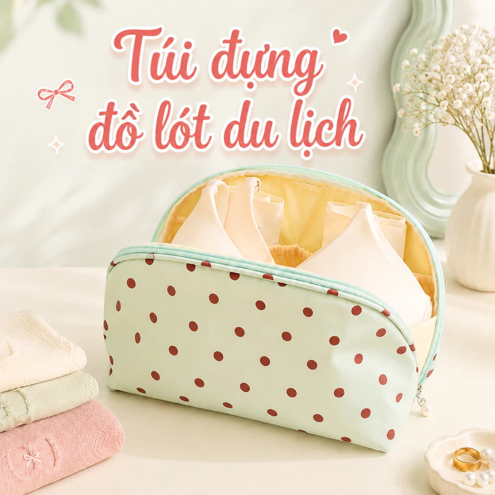 Túi Đựng Đồ Lót Du Lịch Chấm Bi 3 Ngăn, Túi Đựng Mỹ Phẩm, Đồ Cá Nhân, Nội Y Vải Cao Cấp Chống Nước