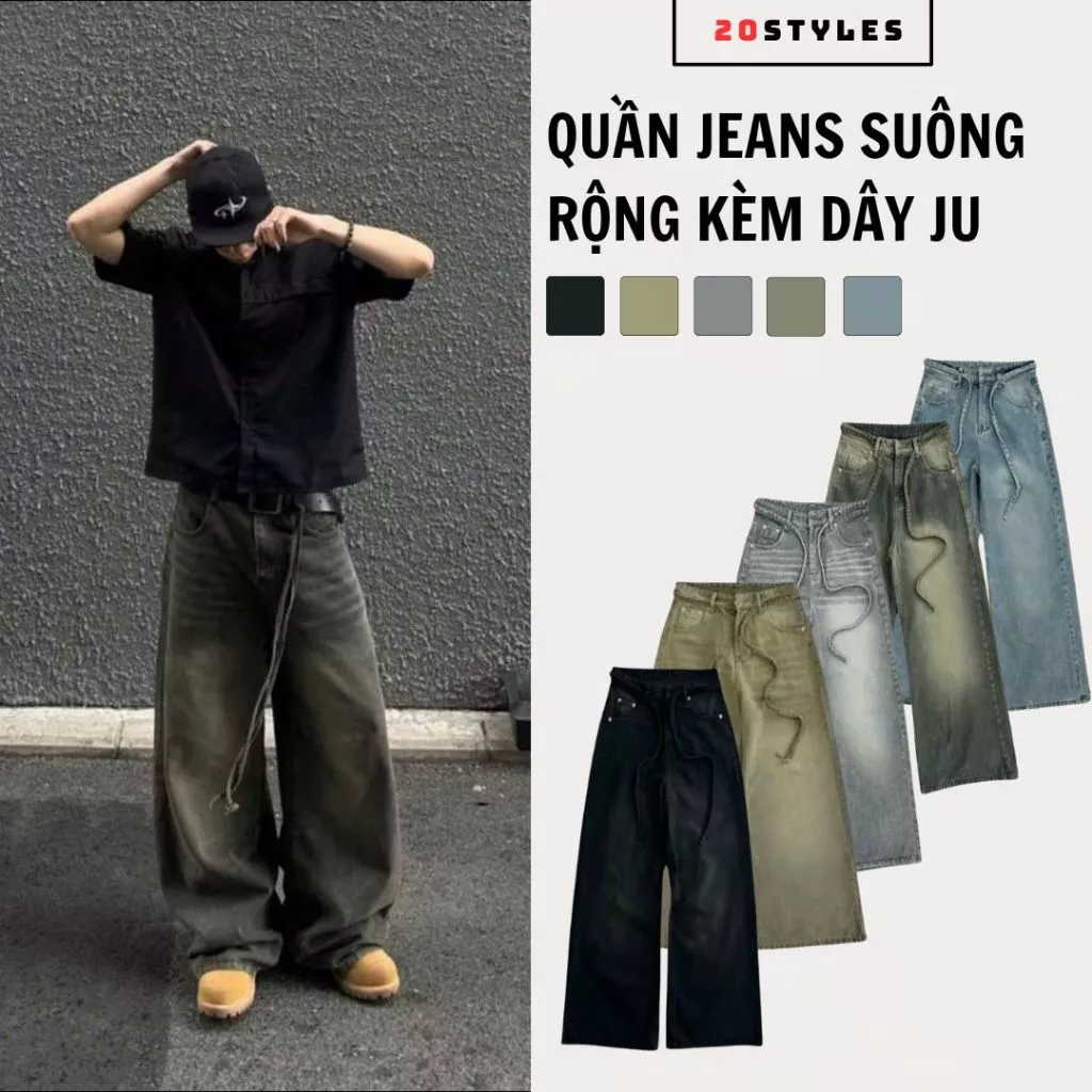 Quần Jeans Ống suông rộng Kèm Dây JU Unisex nam nữ form chuẩn, Quần bò ống đứng dáng suông rộng hottrend