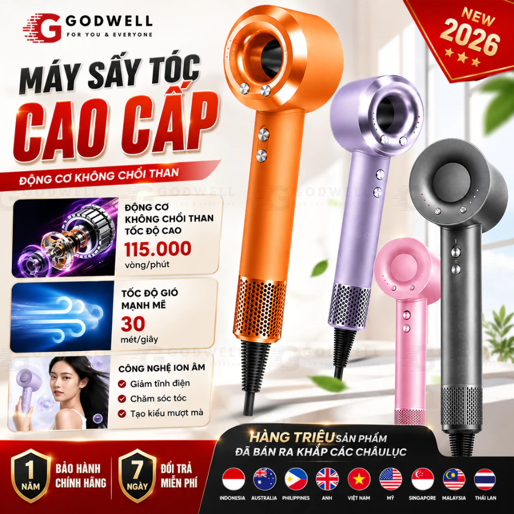 Máy Sấy Tóc Ion Âm Cao Cấp 2 Chiều Nóng Lạnh, Công Suất Cao Tốc Độ Gió Mạnh 200Tr Ion Âm Dưỡng Tóc