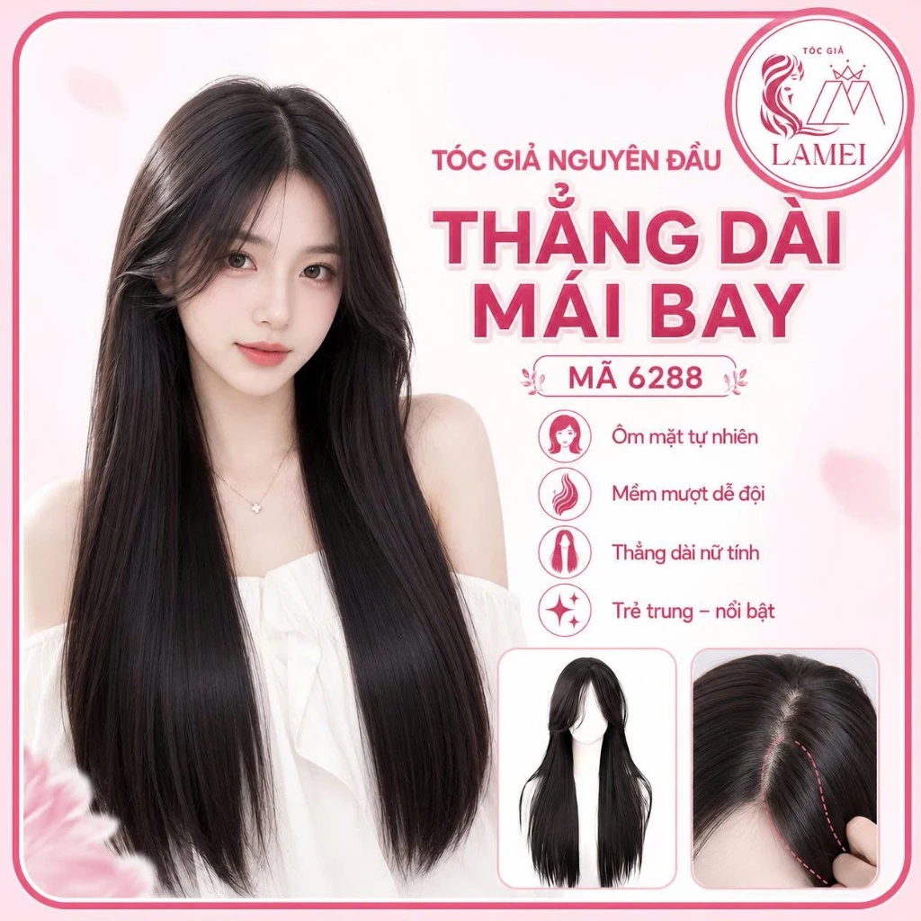 Tóc Giả Nguyên Đầu Thẳng Dài  Mái  Bay Phong Cách Hàn Quốc 6288