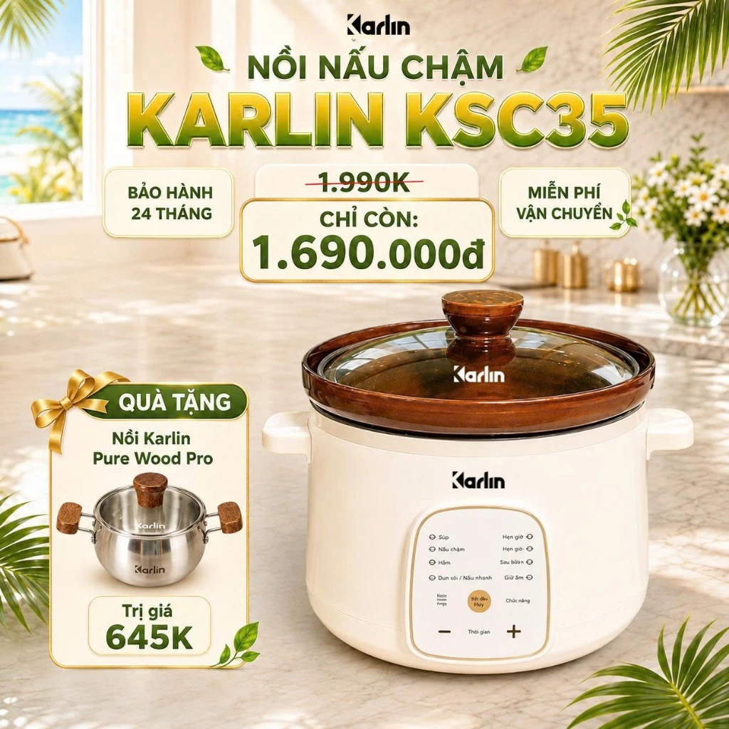 [Chính hãng] Nồi nấu chậm Karlin KSC35,9 chức năng,bh 24 tháng,full phụ kiện,nồi điện tử,3.5 lít