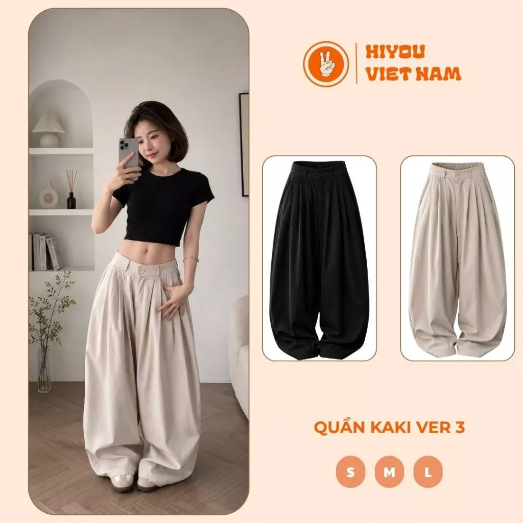 Quần Kaki Xếp Ly, Quần Kaki Ver 3 Tôn Dáng Chất Kaki Ống Rộng, Quần Ống Cong 2 Màu Đen Kem Hiyou