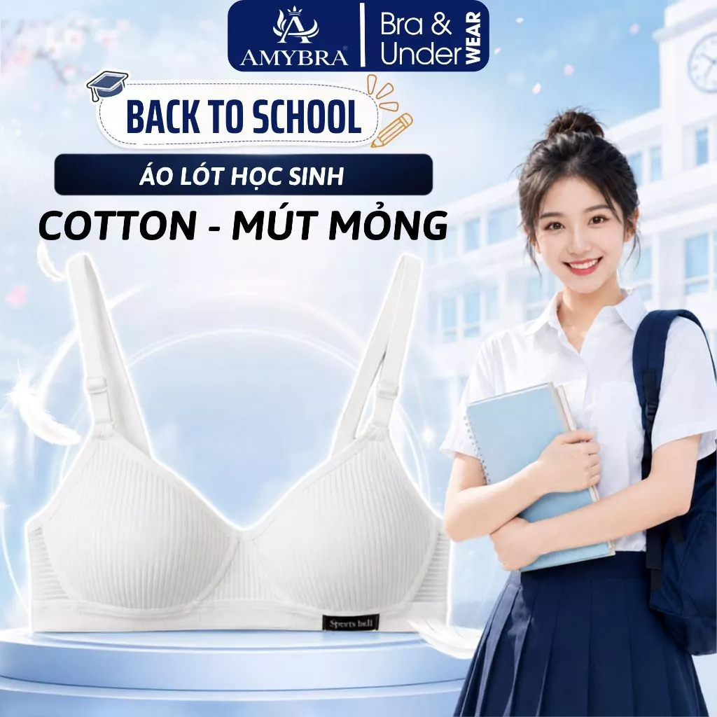 Áo Lót Học Sinh Cotton Không Gọng Mút Mỏng, Áo Lót Nữ Giành Cho Chị Em Ngực Size Nhỏ AMYBRA A554