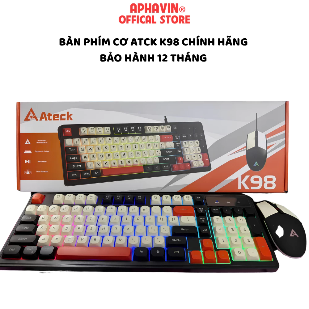 COMBO Phím Chuột Máy Tính Ateck K98 Có Dây LED RGB Cực Đẹp - Phím Giả Cơ 98 Phím Chơi Game Văn Phòng Cao Cấp