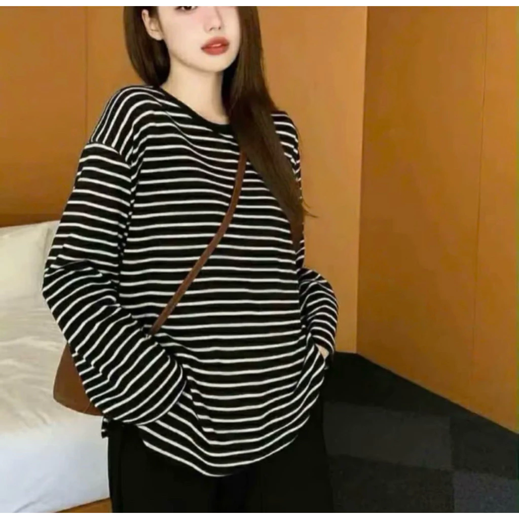 Áo thun nữ kẻ ngang from rộng dài tay 33-55 kg Nữ