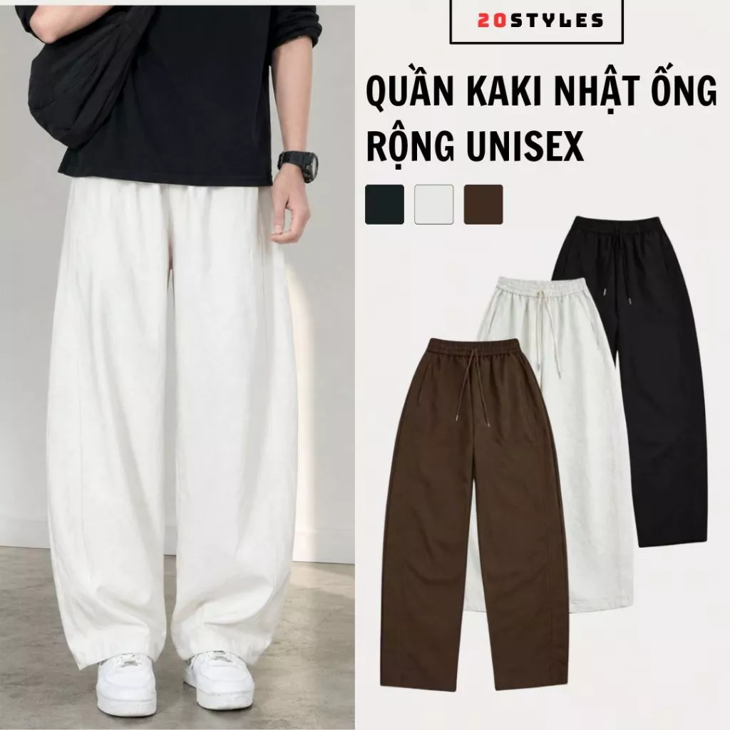Quần Kaki Ống Rộng Form Thụng Hơi Cong Nhẹ Phối Line 20Styles, Quần Dài Nam Nữ Chất Liệu Kaki Cotton Năng Động KKN