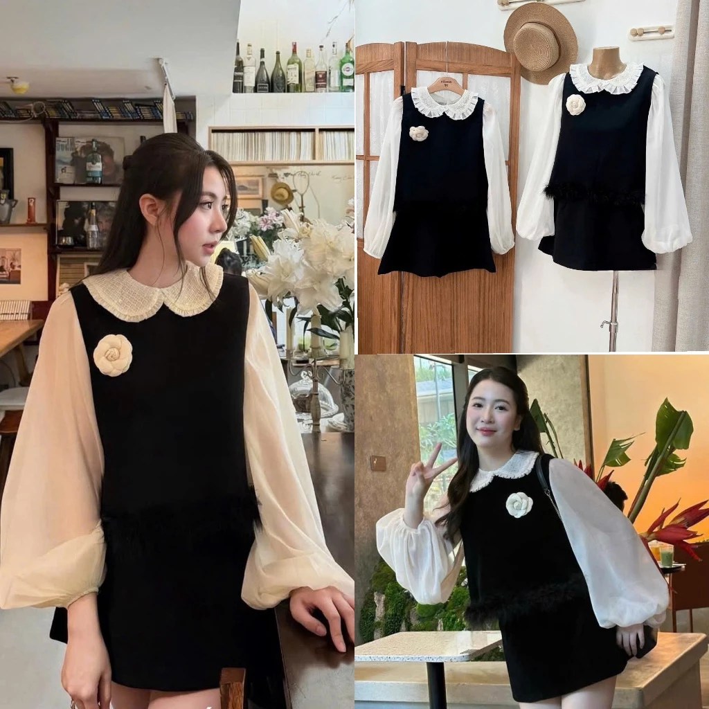(Set 3 Món): Áo Gile Phối Lông + Áo Tơ Tay Bồng Cổ Sen Ren Bèo Đan Lưới+Chân Váy Ngắn Dáng A-Ảnh Thật Lollaye