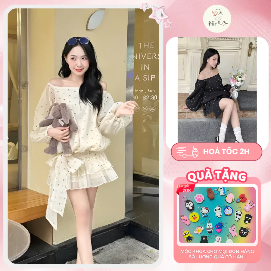 Set váy tiểu thư trễ vai tay bồng, váy trễ vai nữ chấm bi thiết thanh lịch, sang chảnh