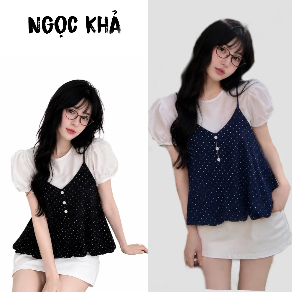 Set Áo Yếm Chấm Bi Dáng Bí Mix Áo Tay Bồng Tiểu Thư, Áo Nữ Phong Cách Vintage Hàn