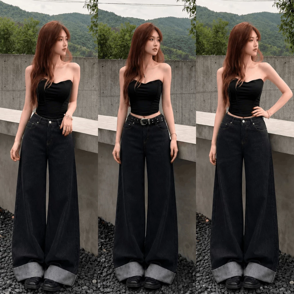 Quần Jean Xám Gập Lai Suông Ống Rộng 33CM Lưng Cao Dáng Dài Quần Jean Denim Mềm Hack Chân Tôn Dáng