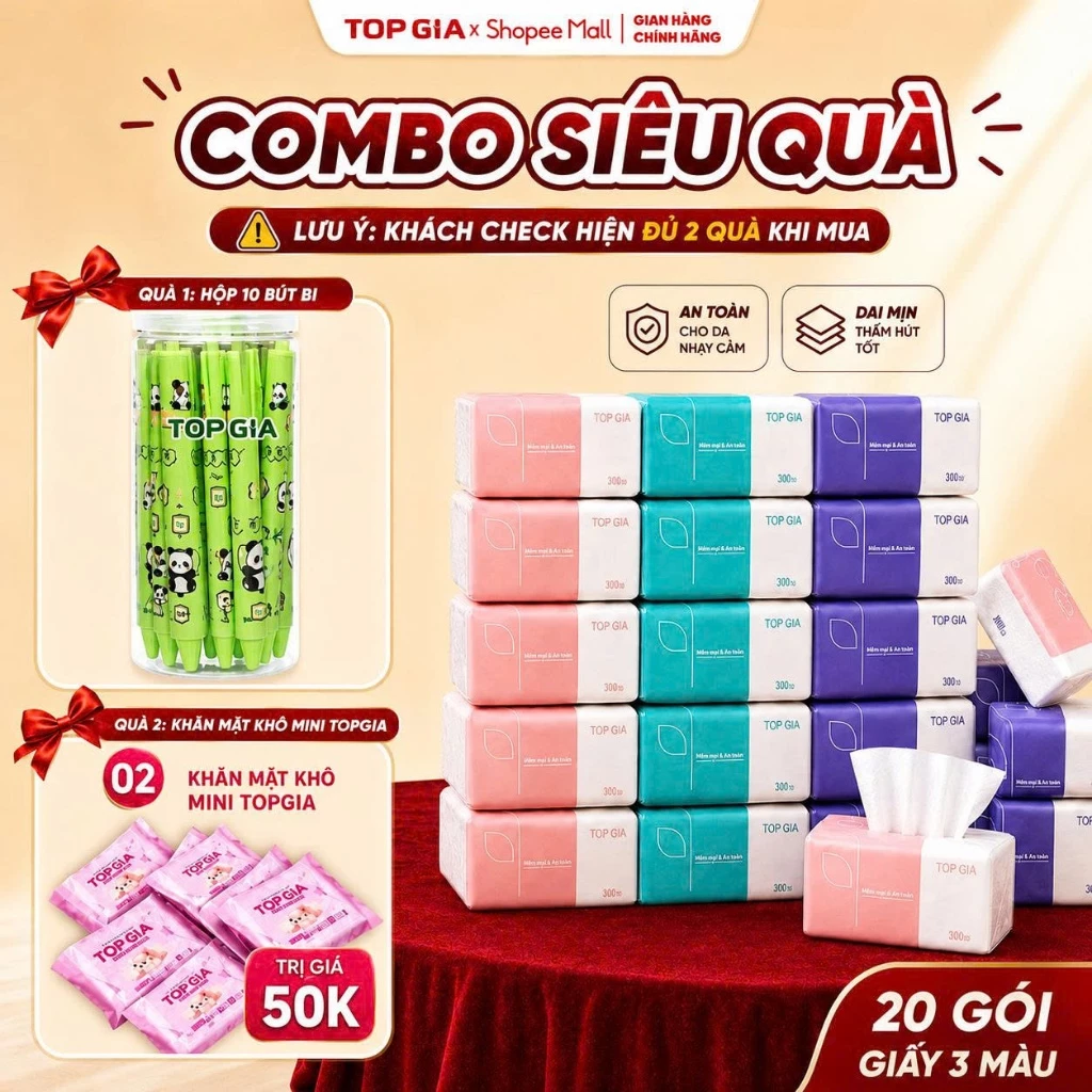 (SIÊU QUÀ HOT) Thùng 20 gói giấy ăn 3 màu Topgia cao cấp 4 lớp, mềm mịn