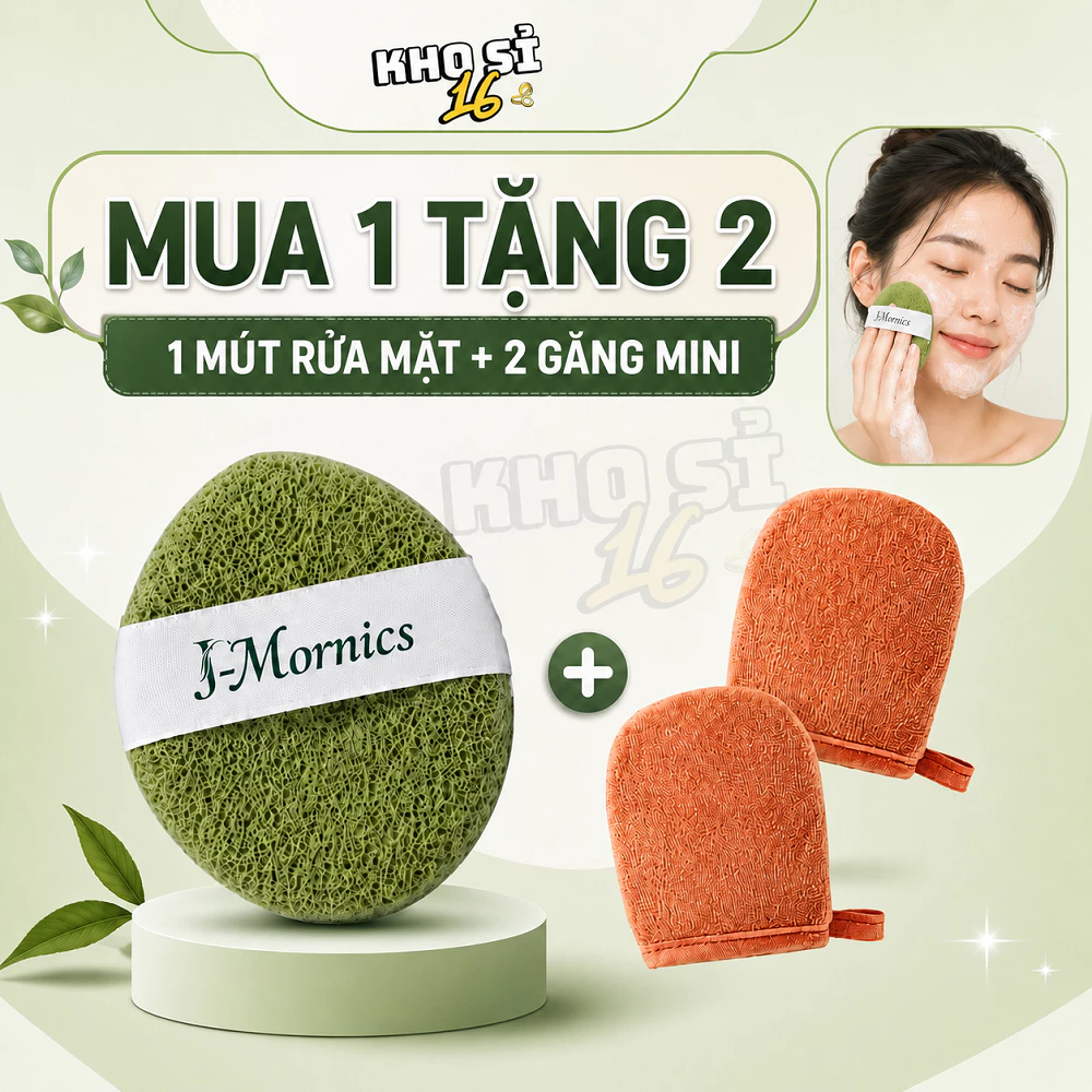 [MUA 1 TẶNG 2] Miếng Rửa Mặt Bọt Biển Xanh Lá Giọt Nước J-Mornics + 2 Găng Tay Mini Thoa Kem_khosi16