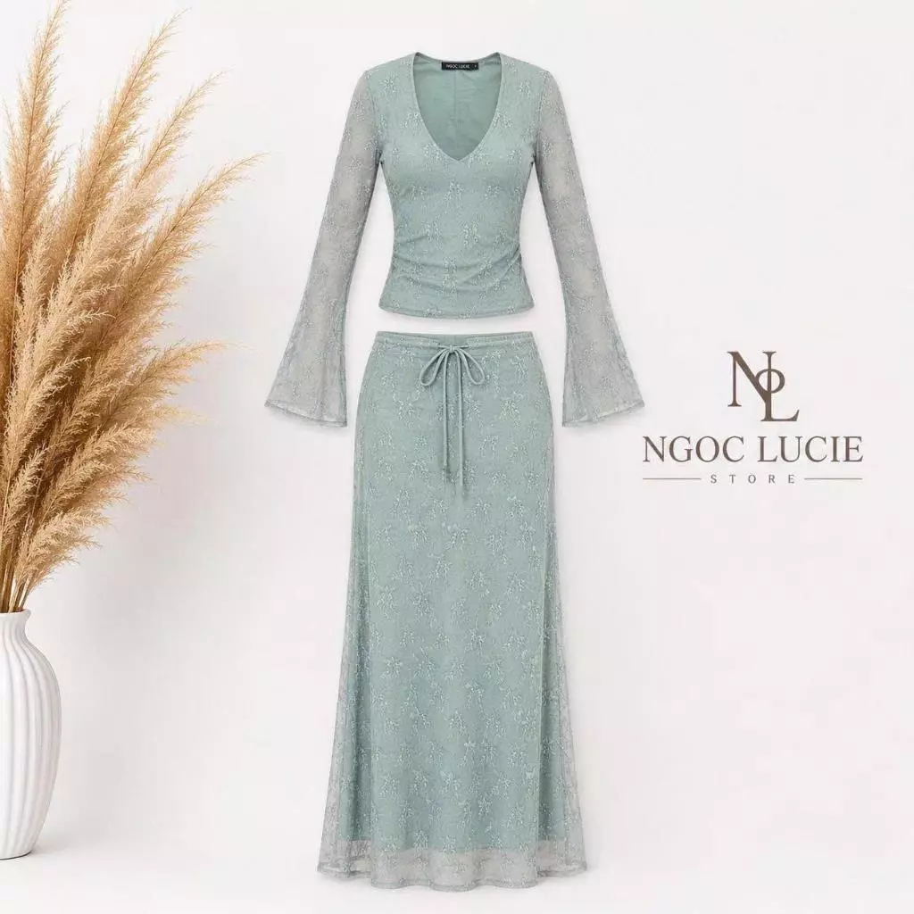 S364 - Set Áo Ren Tay Loe Cổ V Chân Váy Dài Đồng Bộ Họa Tiết Hoa Ren Sang Trọng Ngọc Lucie