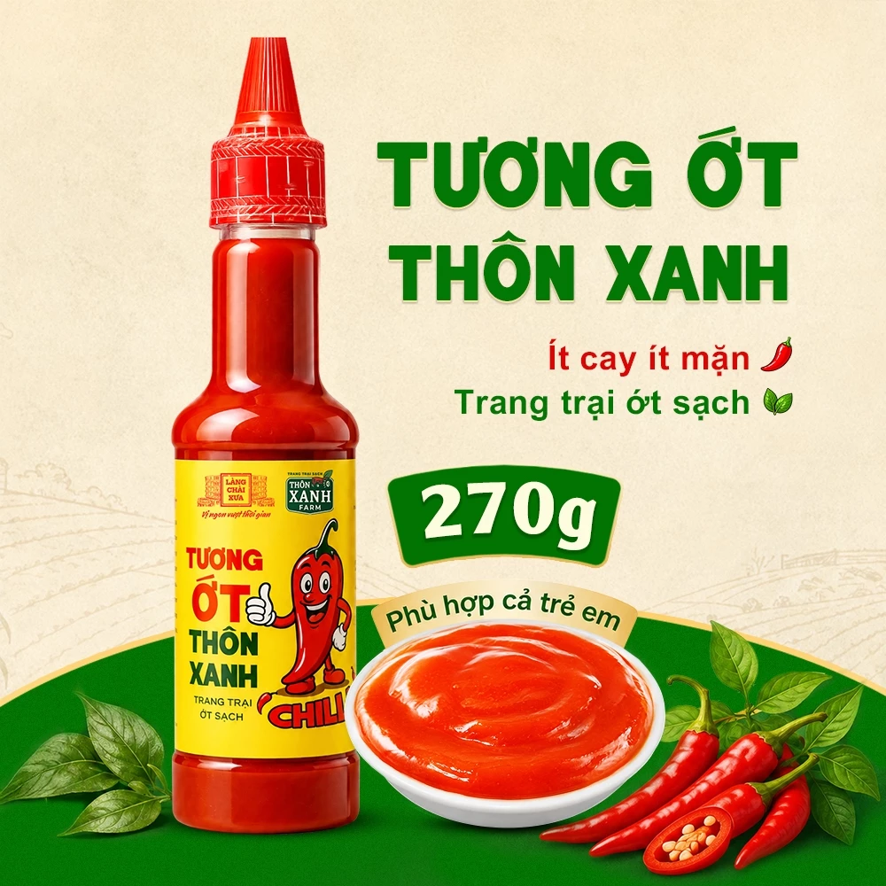 Tương ớt Thôn Xanh chai 270g ít cay ít mặn trẻ em dùng được, trang trại ớt sạch - Làng Chài Xưa