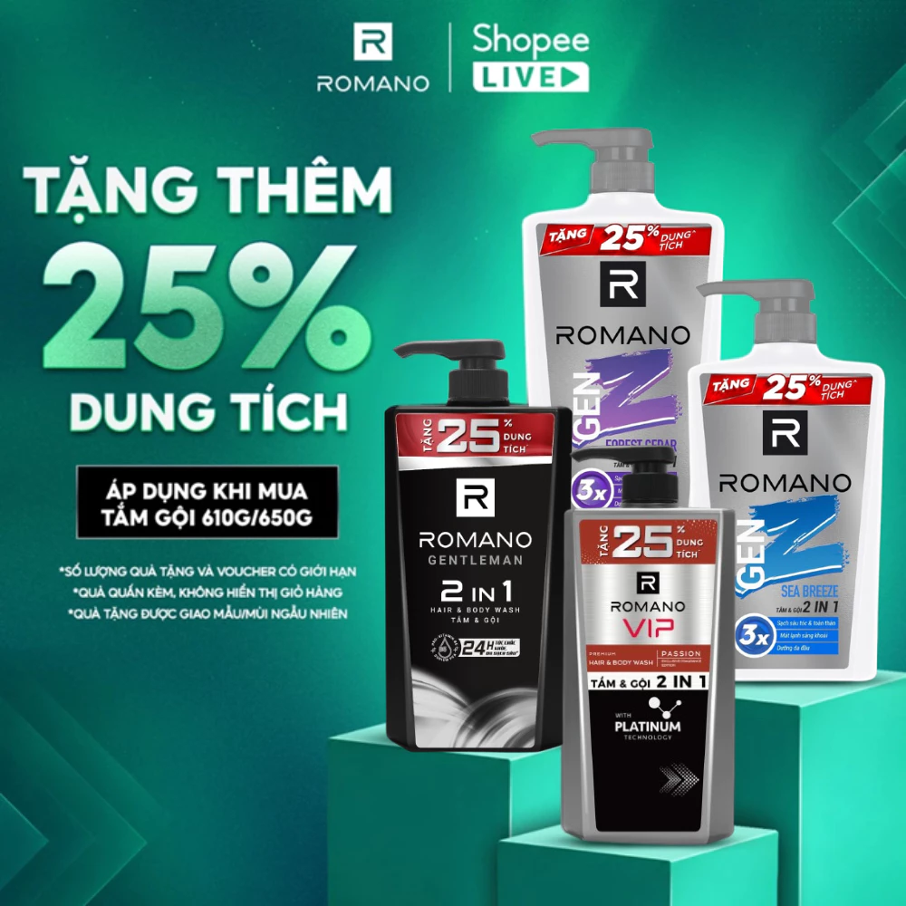 Tắm gội cho nam Romano 2in1 hương Nước hoa / Gen Z 650g / 610g / 900g chai - Live stream