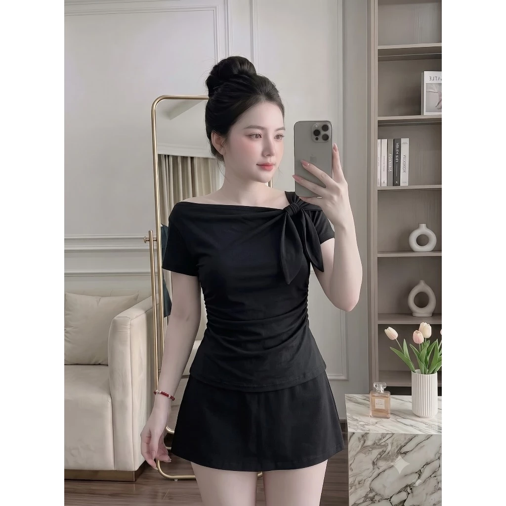 ✨ÁO NỮ LỆCH VAI THẮT NƠ NHÚN EO – NHẸ NHÀNG MÀ VẪN CUỐN  B22
