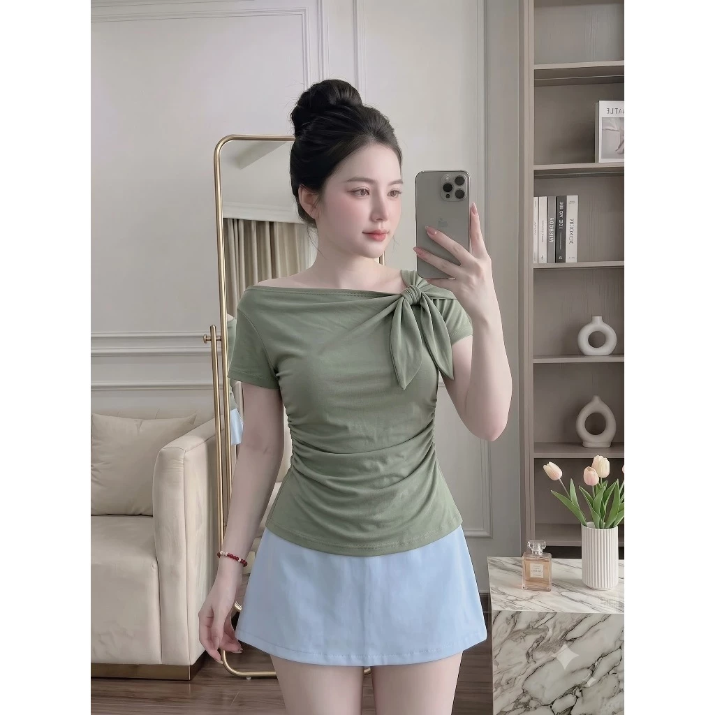 ✨ÁO NỮ LỆCH VAI THẮT NƠ NHÚN EO – NHẸ NHÀNG MÀ VẪN CUỐN  B22