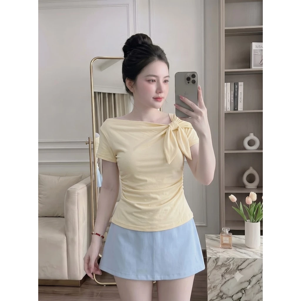 ✨ÁO NỮ LỆCH VAI THẮT NƠ NHÚN EO – NHẸ NHÀNG MÀ VẪN CUỐN  B22