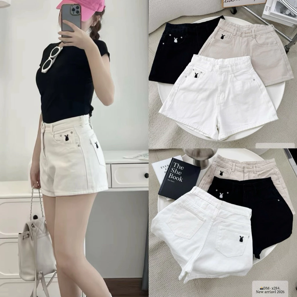 Quần đùi  jean nữ thêu thỏ cạp cao, quần short jean